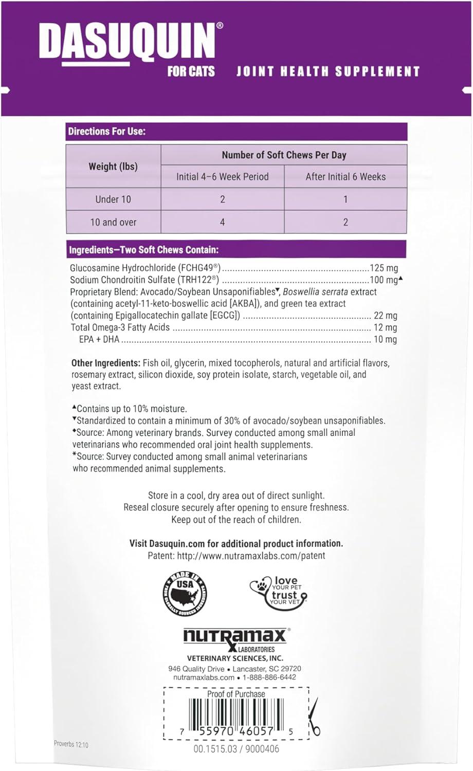 image:imageNutramax Dasuquin Joint Health Supplement for Cats With Glucosamine Chondroitin ASU Boswellia Serrata Extract Green Tea Extract and Omega3 84 Soft Chews84 Count Pack of 2