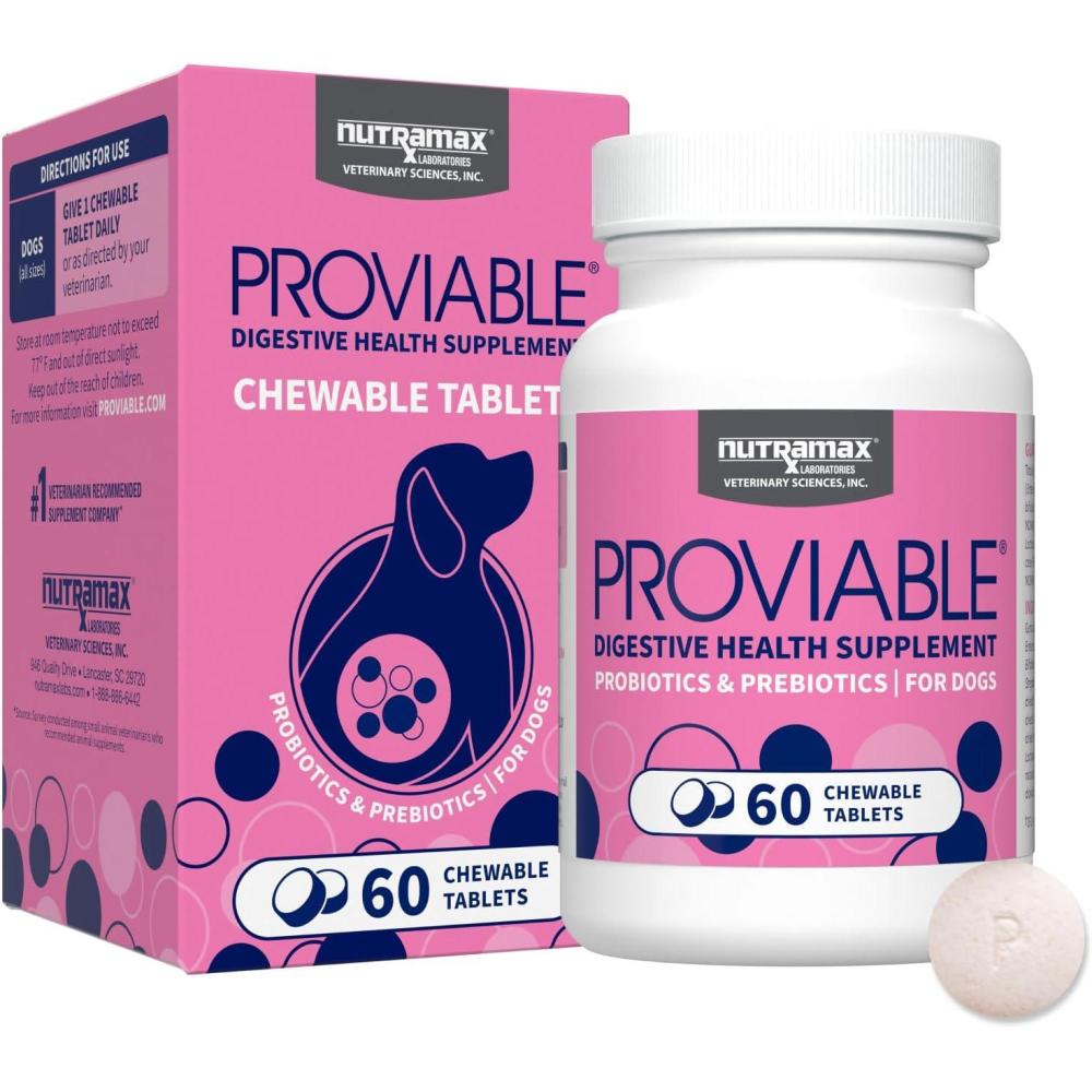 image:imageNutramax Proviable Probiotics for Dogs Daily Digestive Health Supplement with Multiple Strains of Bacteria Dog Probiotics Plus Prebiotics 60 Chewable Tablets60 Count Pack of 1
