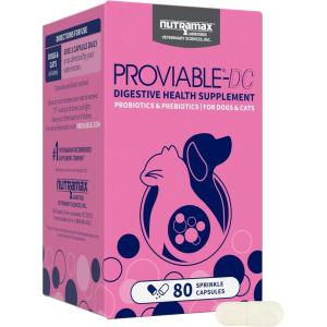 Nutramax Proviable Probiotics for Dogs and Cats, Daily Digestive Health Supplement with Multiple Strains of Bacteria, Cat and Dog Probiotics Plus Prebiotics, 80 Capsules(80 Count)