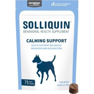 Nutramax Solliquin Calming Behavioral Health Supplement for Small to Medium Dogs and Cats – With L-Theanine, Magnolia / Phellodendron, and Whey Protein Concentrate, 75 Soft Chews(75 Ct Chew – Dog Only)